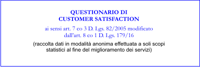 QUESTIONARIO DI CUSTOMER SATISFACTION ai sensi art. 7 co 3 D. Lgs. 82/2005 modificato dall’art. 8 co 1 D. Lgs. 179/16 (raccolta dati in modalità anonima effettuata a soli scopi statistici al fine del miglioramento dei servizi)